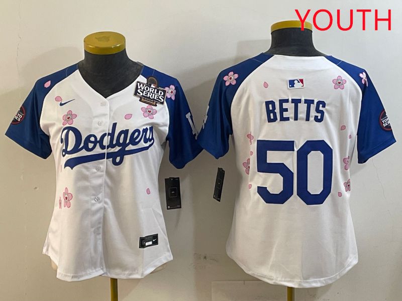 Youth Los Angeles Dodgers #50 Betts White Blue Sakura Edition 2025 Nike MLB Jersey style 3->youth mlb jersey->Youth Jersey